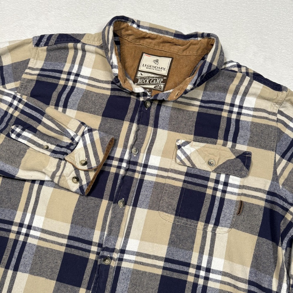 Legendary Whitetails Buck Camp Shirt Mens XL Blue‎ Tan Plaid Flannel Button Up
